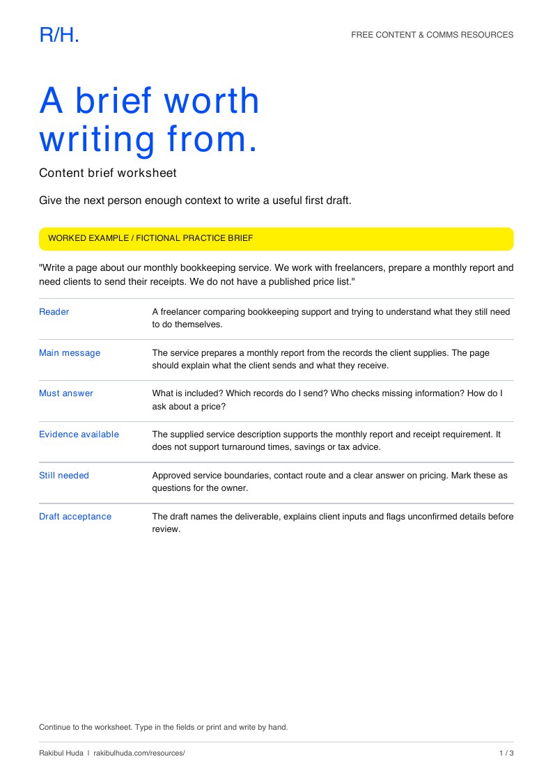 First page of the content brief template PDF, with a worked example