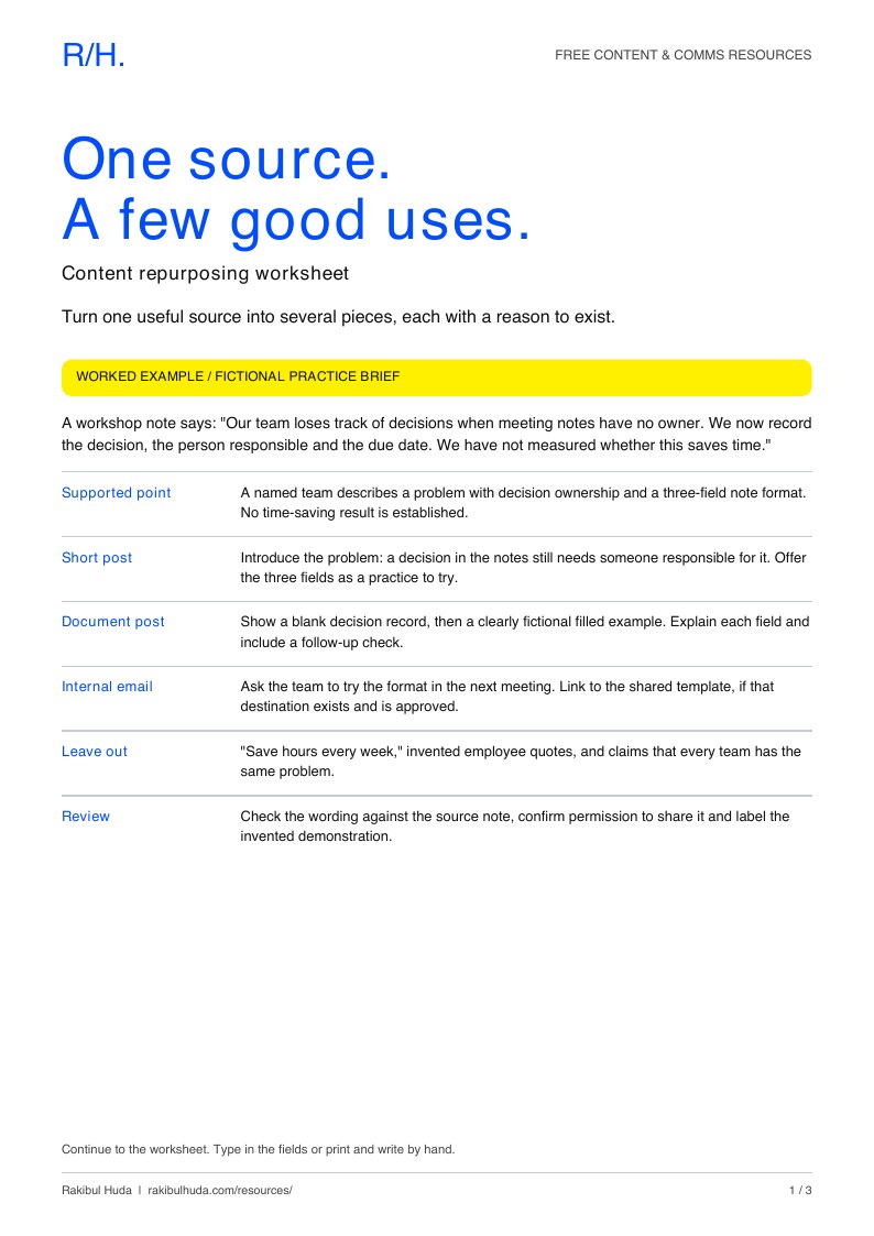 First page of the content repurposing template PDF, with a worked example