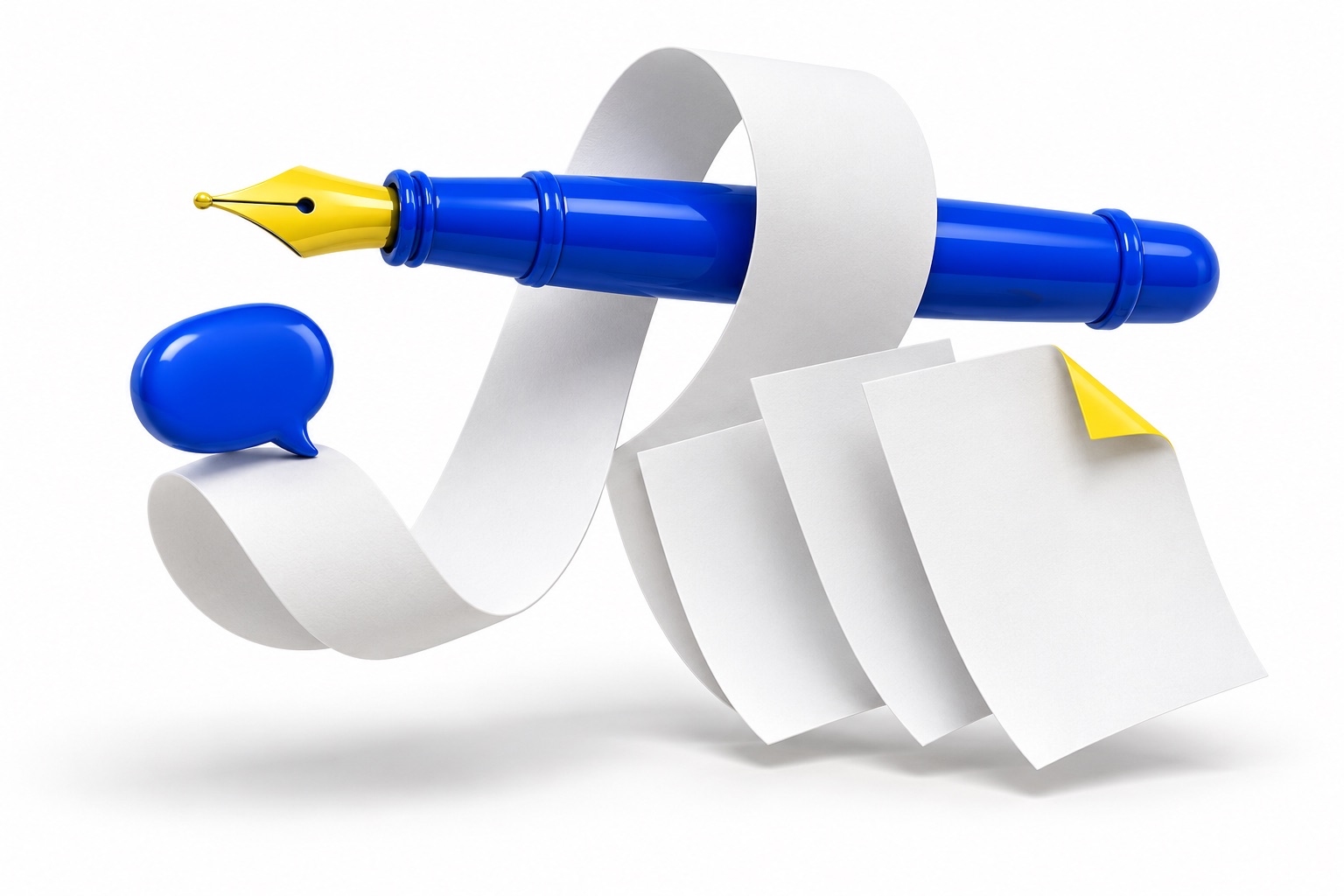 Oversized blue fountain pen passing through a paper ribbon beside a speech bubble and blank pages