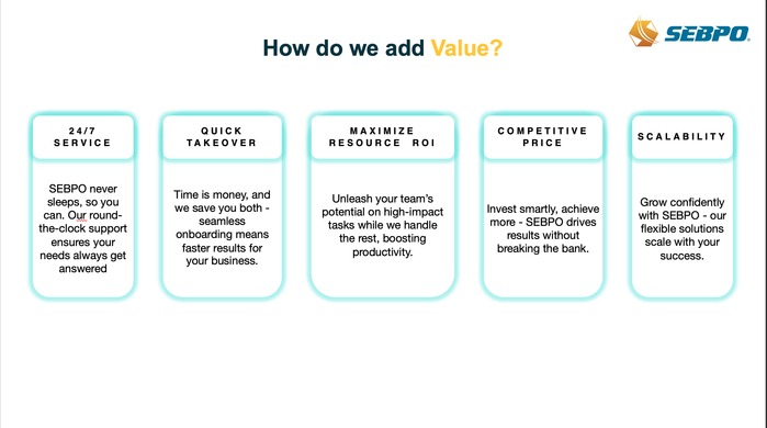 SEBPO sales presentation showing five reasons to choose the company