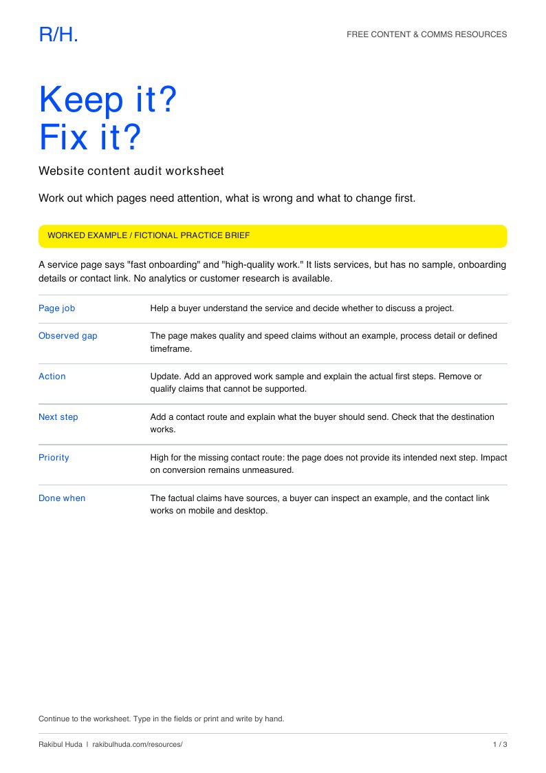 First page of the website content audit template PDF, with a worked example